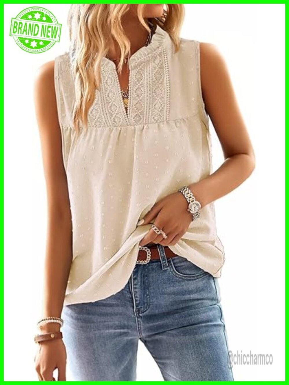 Womens Sleeveless V Neck Lace Tank Top Boho Flowy Blouse